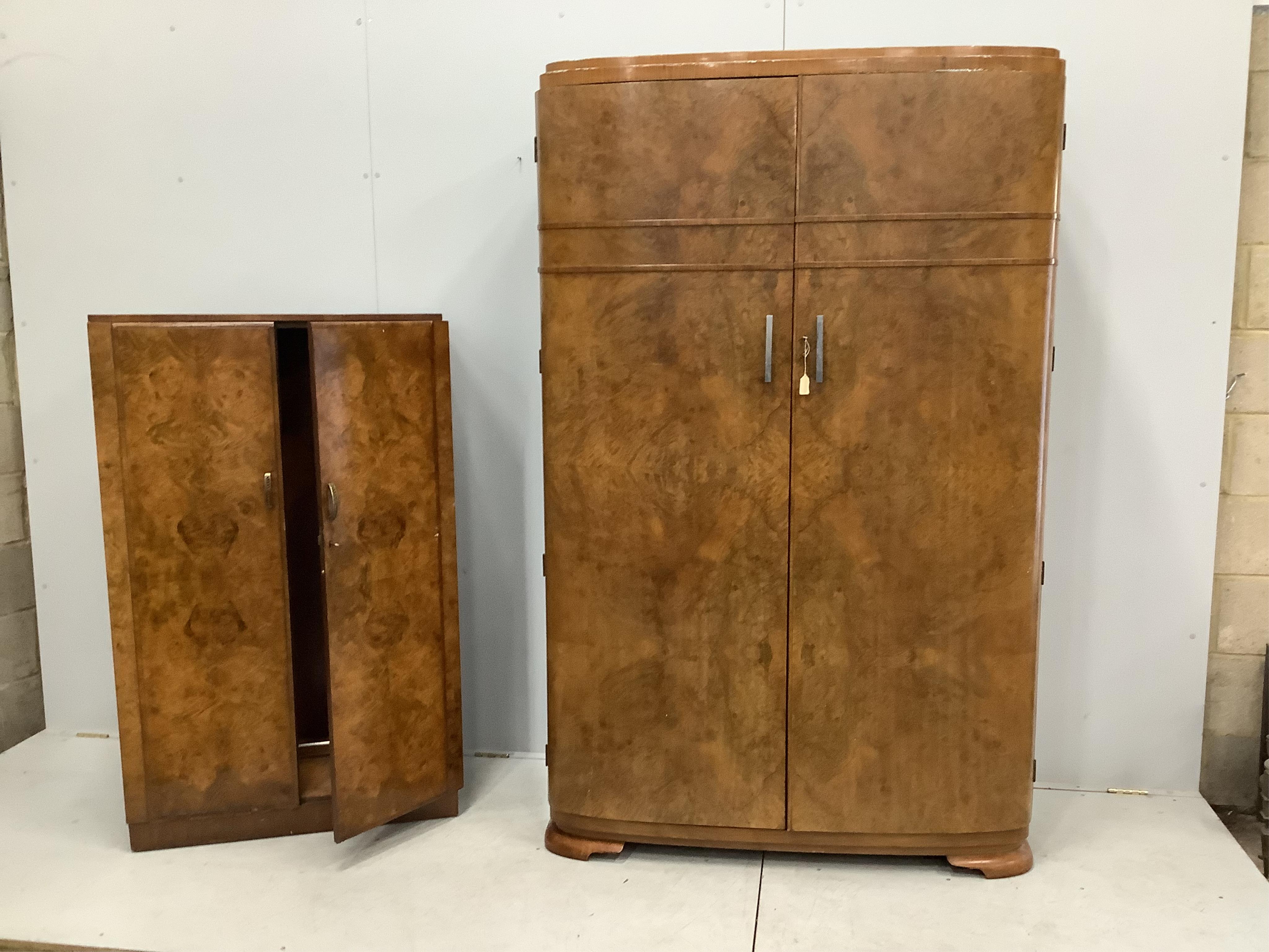 An Art Deco style walnut wardrobe and a gentleman's wardrobe, larger width 124cm, depth 52cm, height 194cm. Condition - fair